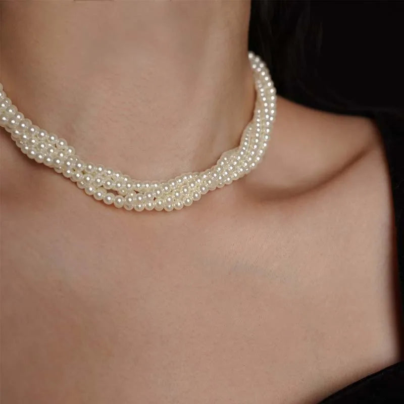 Vintage Multilayer Pearl Choker Necklaces for Women Elegant Imitation Pearl Twisted Neck Chain Necklace Wedding Bride Jewelry