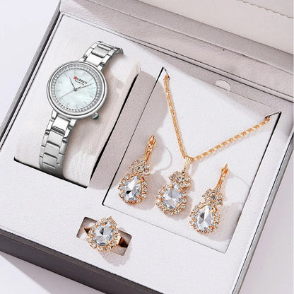 Luxury Women's Rhinestone Watch & Jewelry Set - Stainless Steel Bracelet, 5-Piece Gift Set