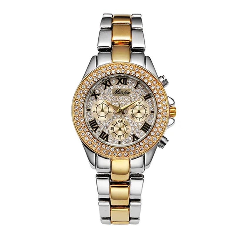 Miss Fox Women’s Luxury Watch - Shockproof, Waterproof, Rhinestone-Embellished Metal Bracelet Timepiece