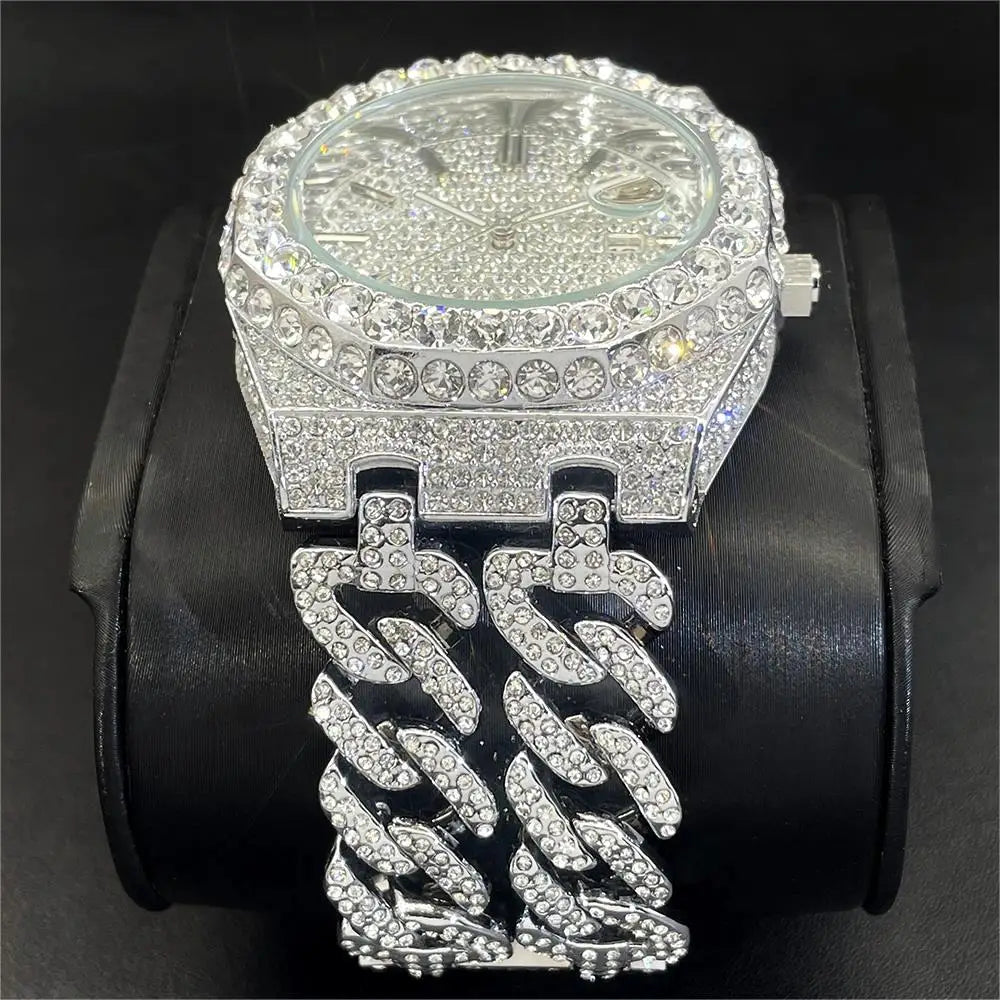 Miss Fox Luxury Men's Hip Hop Iced Out Diamond Watch - Fashion Quartz Timepiece with Cuban Chain