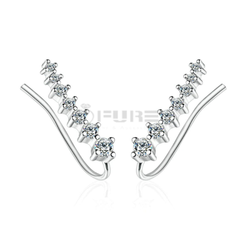 Long Bar Ear Cuff Climber CZ Stud Earrings 925 Sterling Silver 