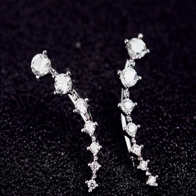 Long Bar Ear Cuff Climber CZ Stud Earrings 925 Sterling Silver 