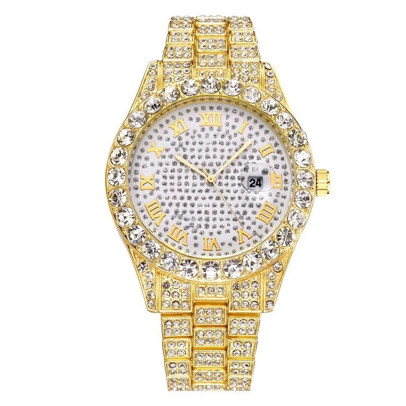 Men Women Watch Luxury Date Quartz Bling Full Rhinestones Watches Cuban Hand Chain Fashion Jewelry