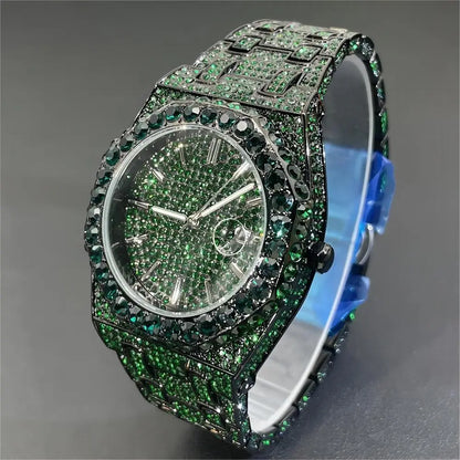 Miss Fox New Hip Hop Men’s Quartz Watch - Luxury Green Full Diamond Automatic Date Timepiece